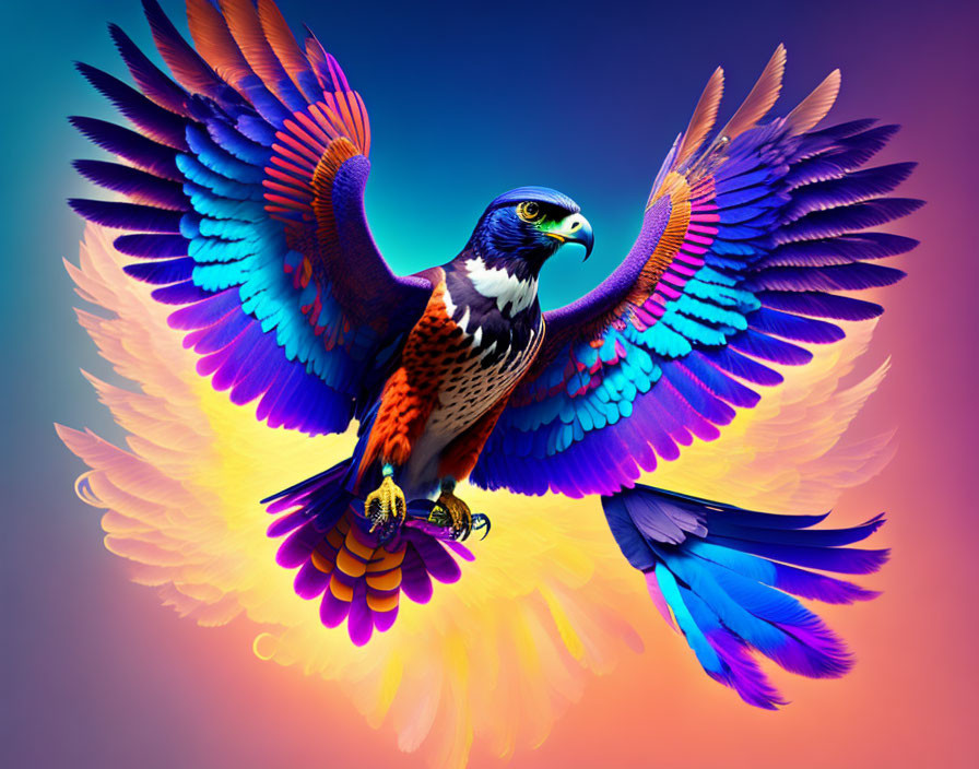 Colorful Digital Artwork: Hawk with Outstretched Wings on Gradient Background