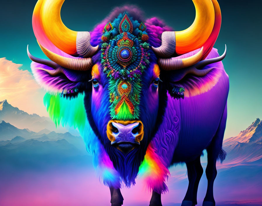 Colorful Bison with Jeweled Headpiece in Surreal Mountain Scene