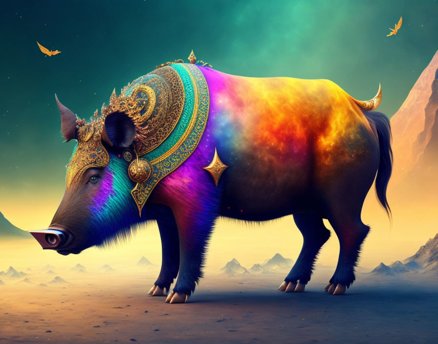 Colorful Cosmic-Themed Boar with Jewelry in Twilight Landscape