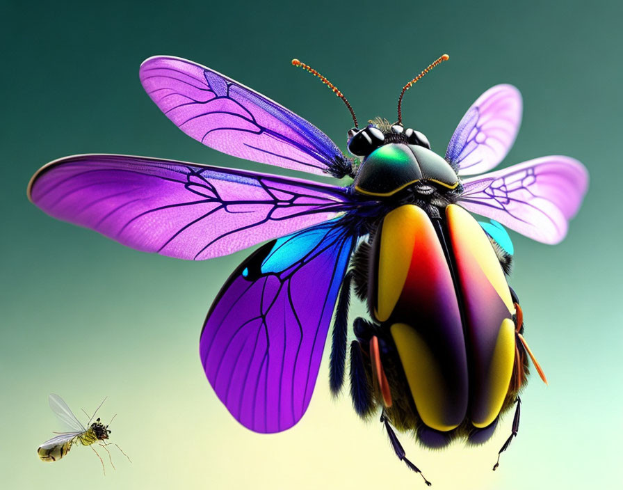 Vibrant multicolored bumblebee and translucent purple-winged fly in digital art