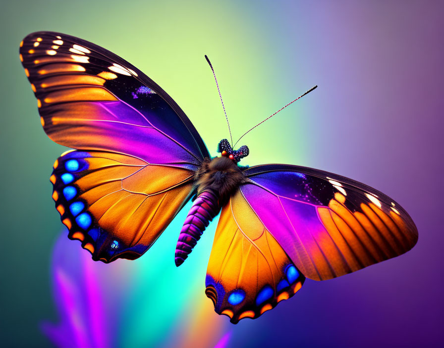 Colorful Butterfly with Orange and Black Wings on Gradient Background