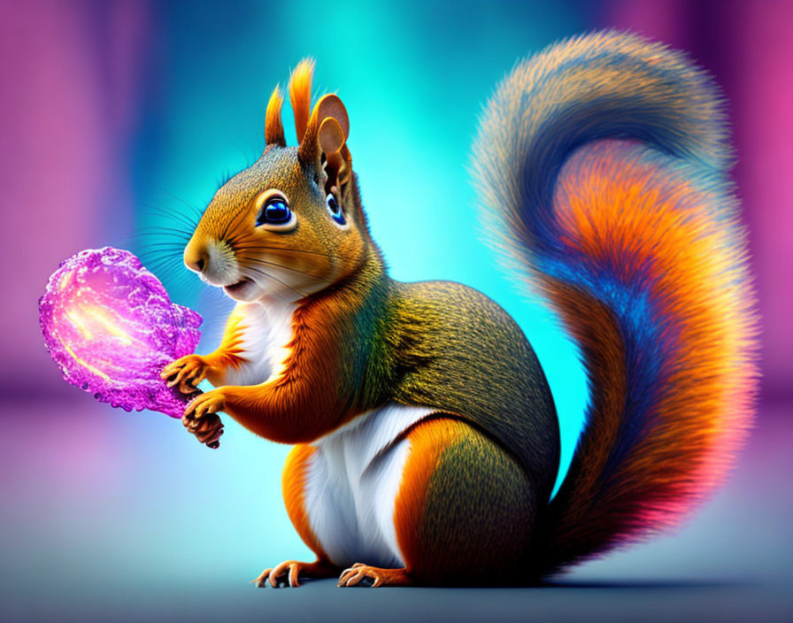 Colorful Stylized Squirrel Holding Crystal on Gradient Background