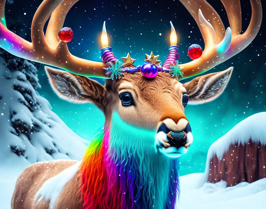 Colorful Neon Fur Reindeer with Festive Antlers in Snowy Scene