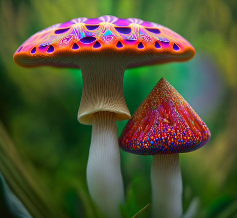 Colorful Psychedelic Mushrooms on Blurred Green Background