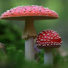 Colorful Psychedelic Mushrooms on Blurred Green Background