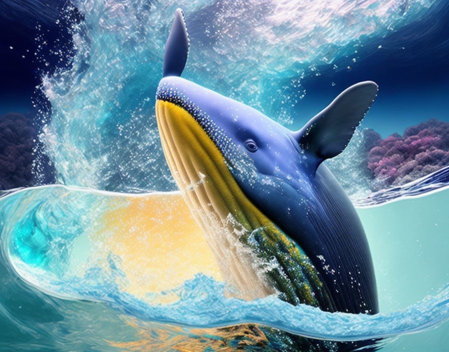 Whimsical digital artwork: Whale breaching in space-themed scene