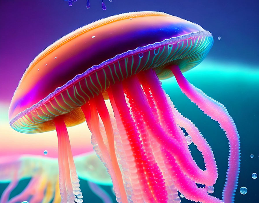 Vibrant neon jellyfish in abstract underwater scene