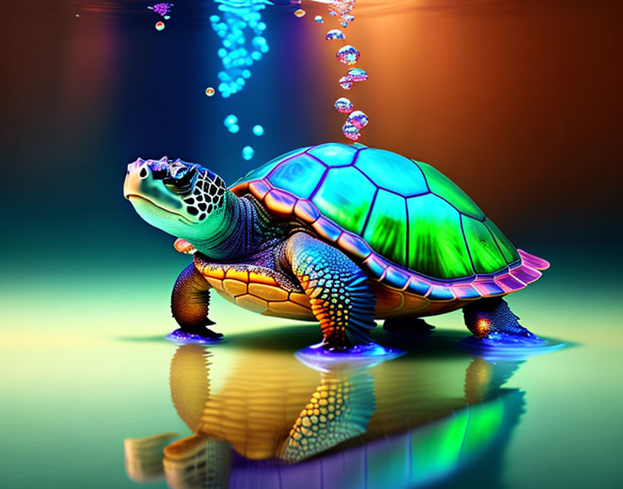 Colorful Glowing Turtle Artwork on Reflective Surface