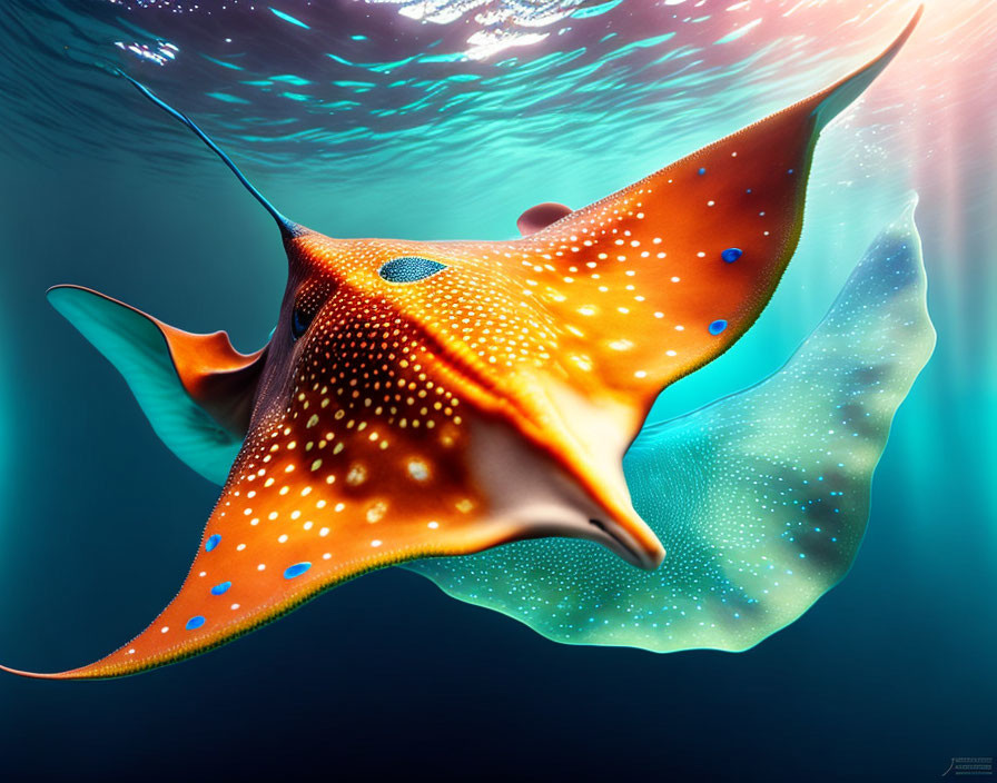 Orange Spotted Manta Ray Swimming Underwater