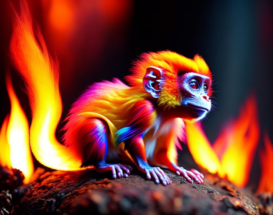 Colorful Stylized Monkey with Rainbow Fur Against Orange Flames