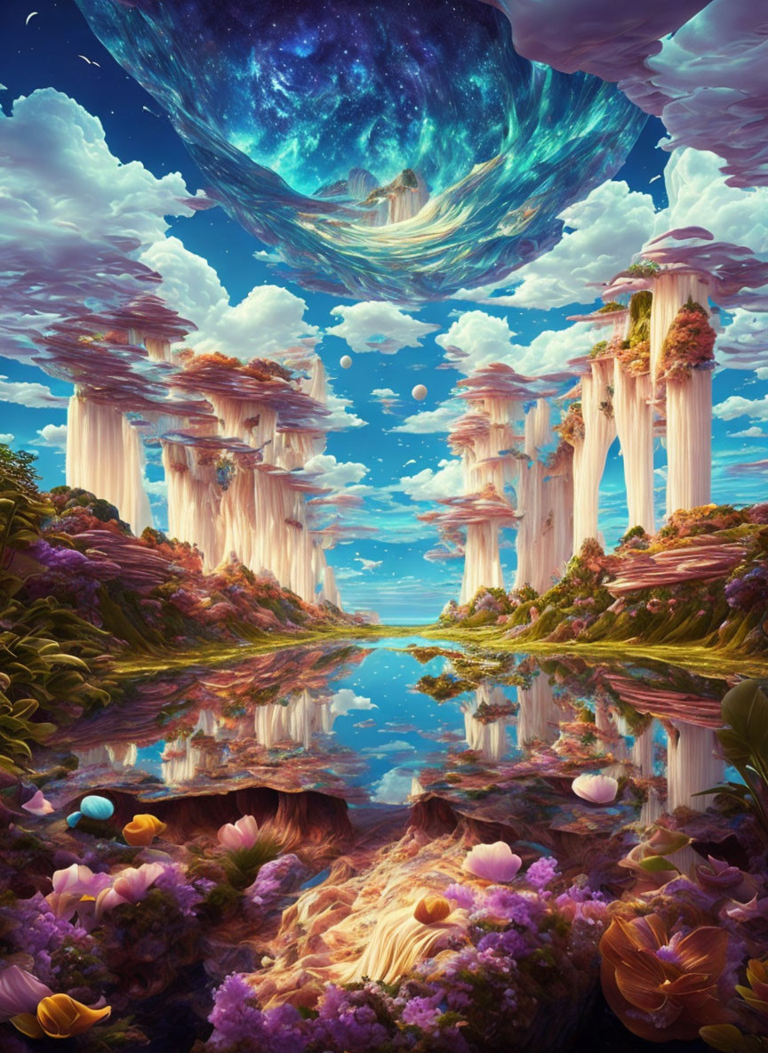 Fantastical landscape with waterfall cliffs, lush flora, reflective river, and swirling galaxy