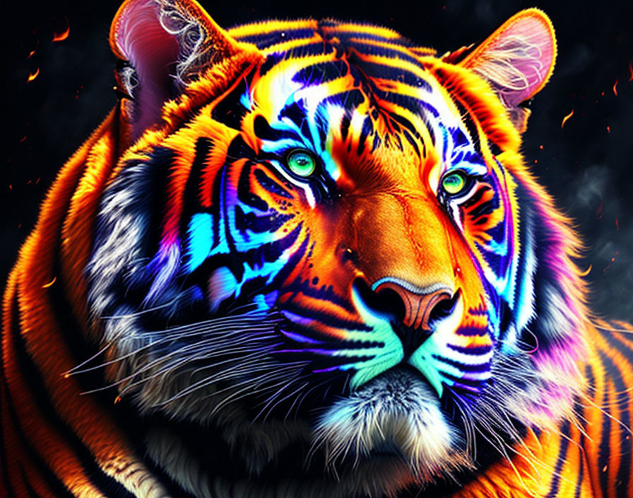 Vibrant tiger image with blue eyes and colorful fur surrounded by embers