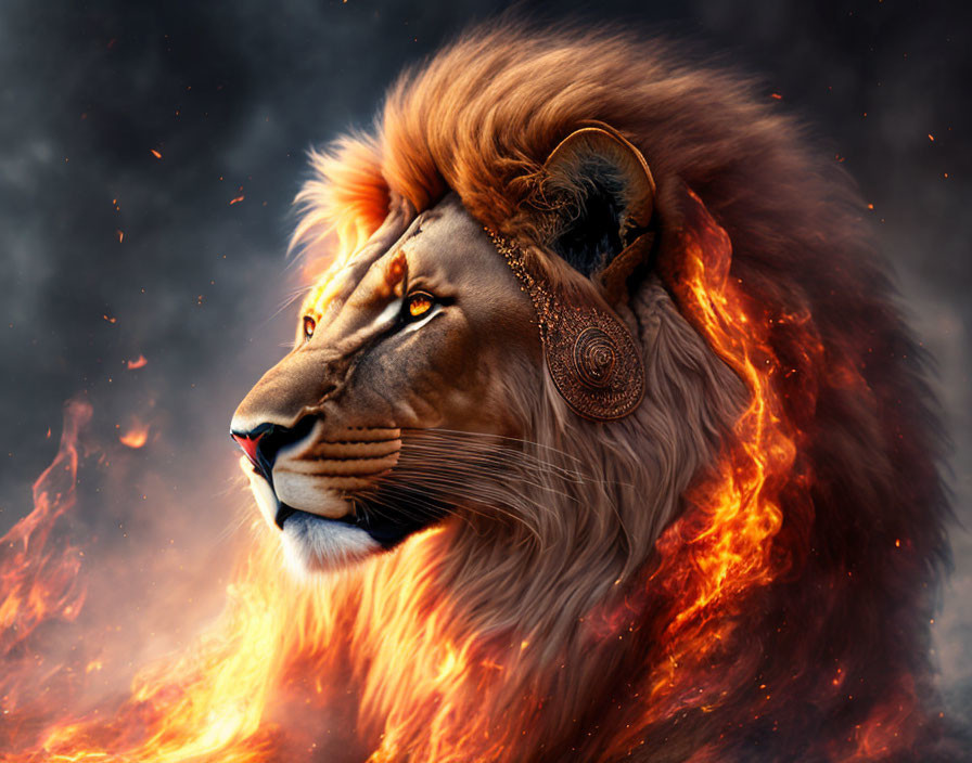 Majestic lion with fiery mane and metallic adornments in swirling embers