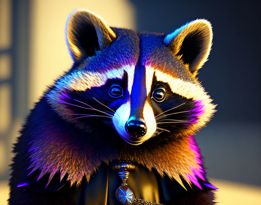 Colorful digitally rendered raccoon with neon fur on golden background.