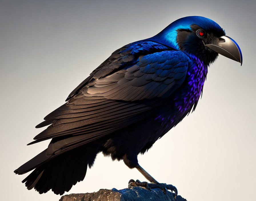 Iridescent blue feathered bird perched on branch against gradient sky