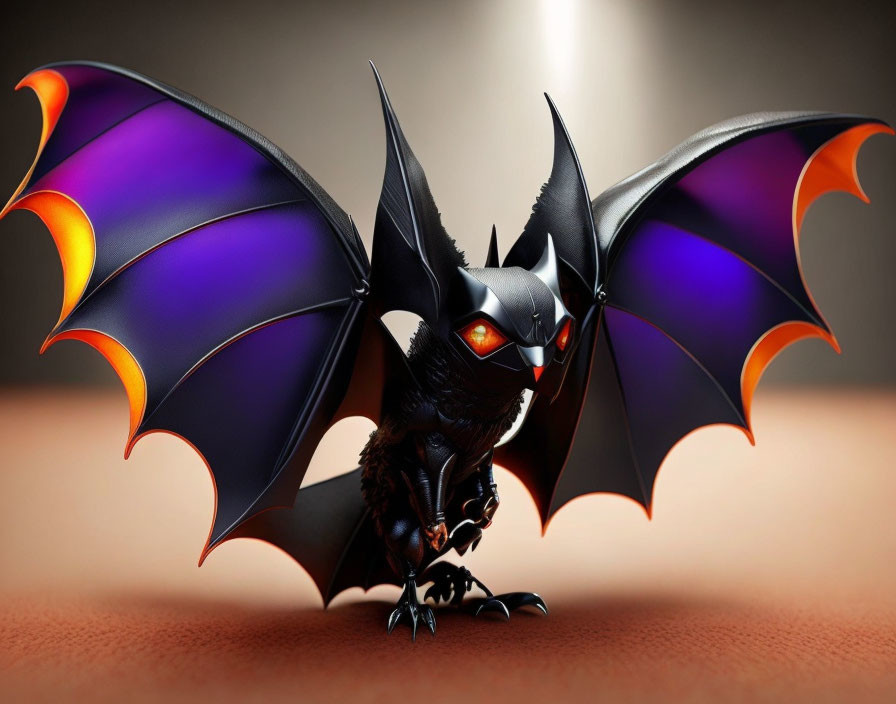 Stylized black dragon with purple and orange wings and red eyes