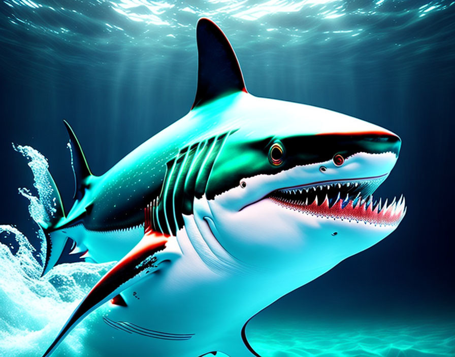 Colorful Digital Artwork: Exaggerated Shark with Underwater Glow