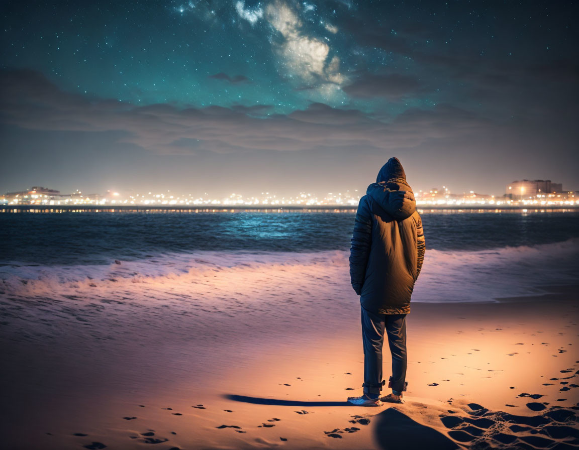 Nighttime beach scene with person gazing at starry sky