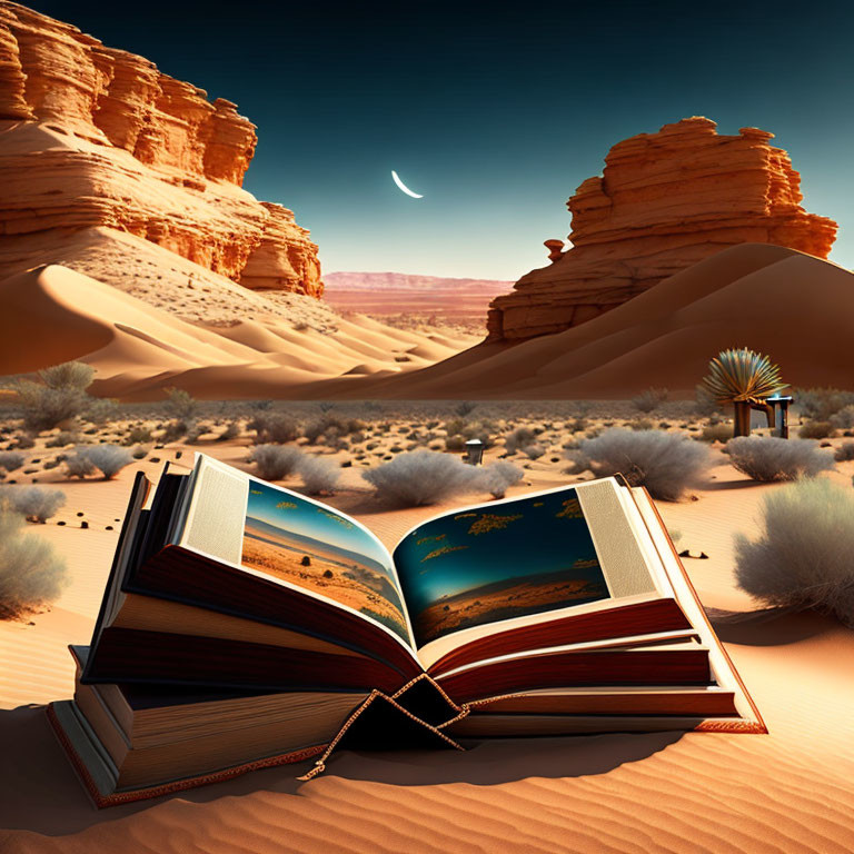 Open book pages transform into desert landscape under crescent moon