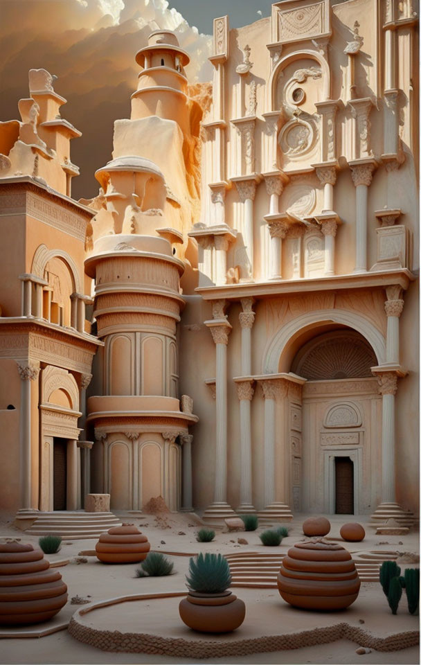 Intricate Sandcastle with Towers and Spherical Sculptures