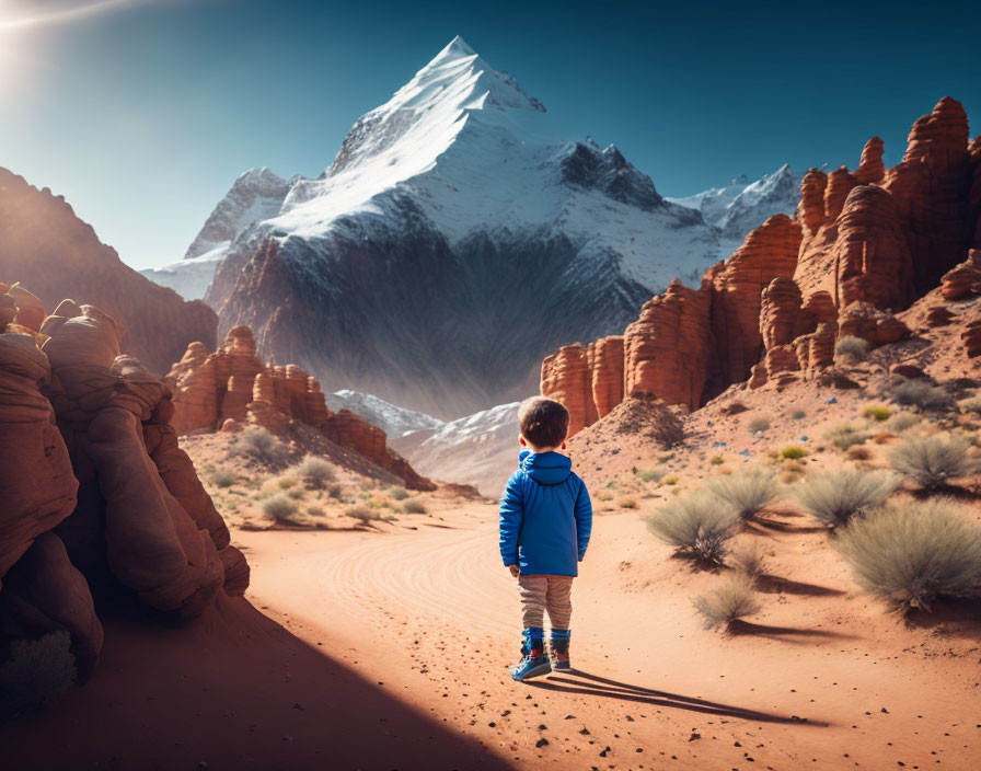 Child in Blue Jacket Admiring Snow-Capped Mountain and Red Rock Formations