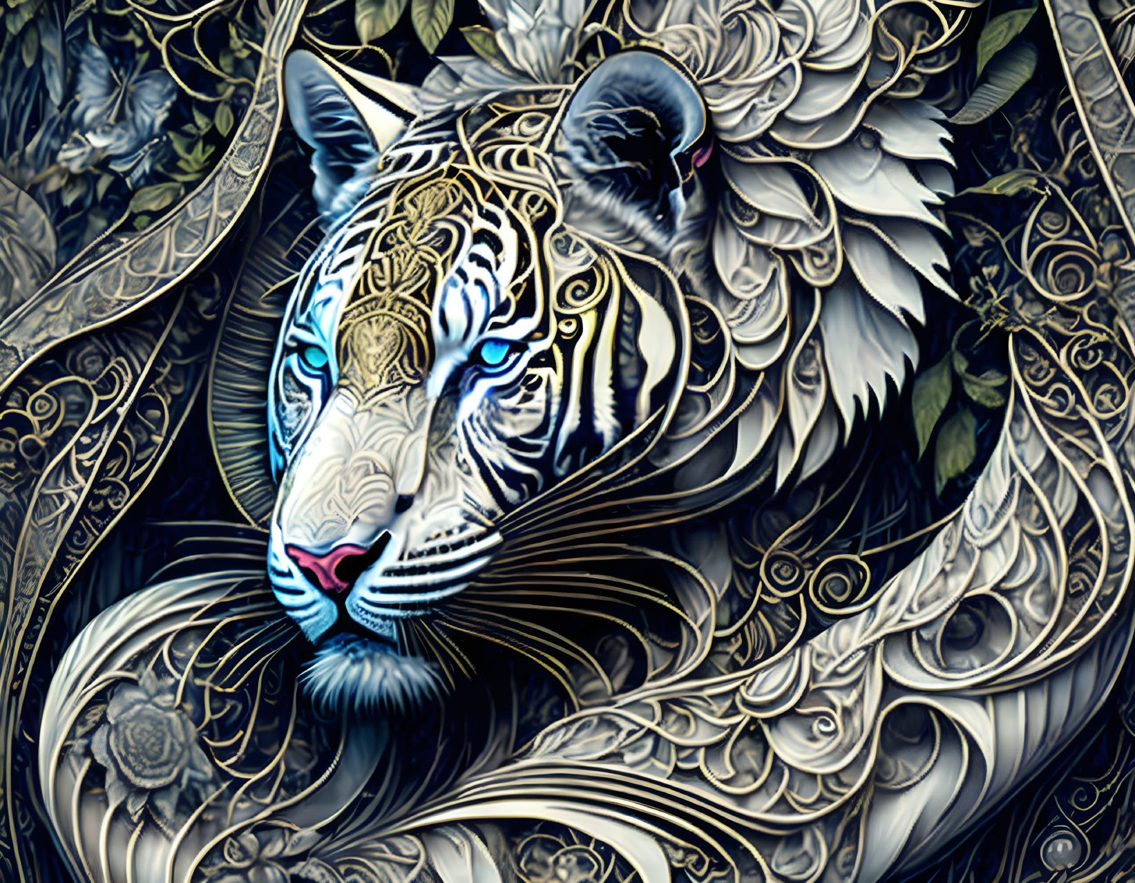 Stylized white tiger digital art with gold and blue patterns