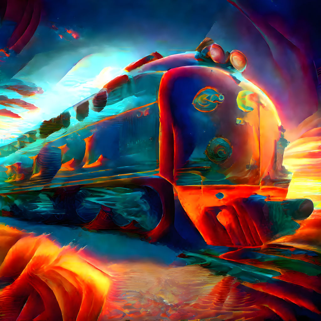 Vivid surreal train image with fiery landscape & dramatic skies