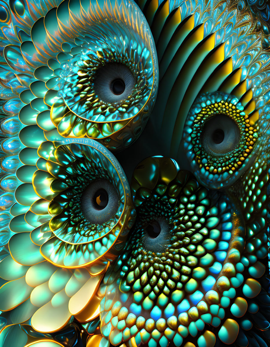 Abstract Fractal Image: Iridescent Peacock Patterns in Blue & Gold