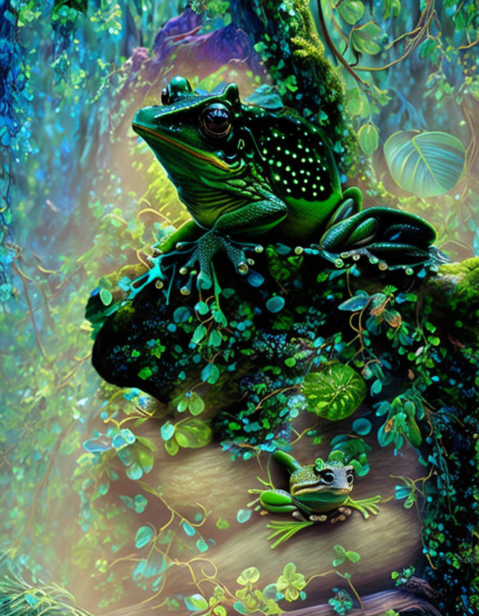 Colorful digital illustration: Two frogs in lush, fantastical forest