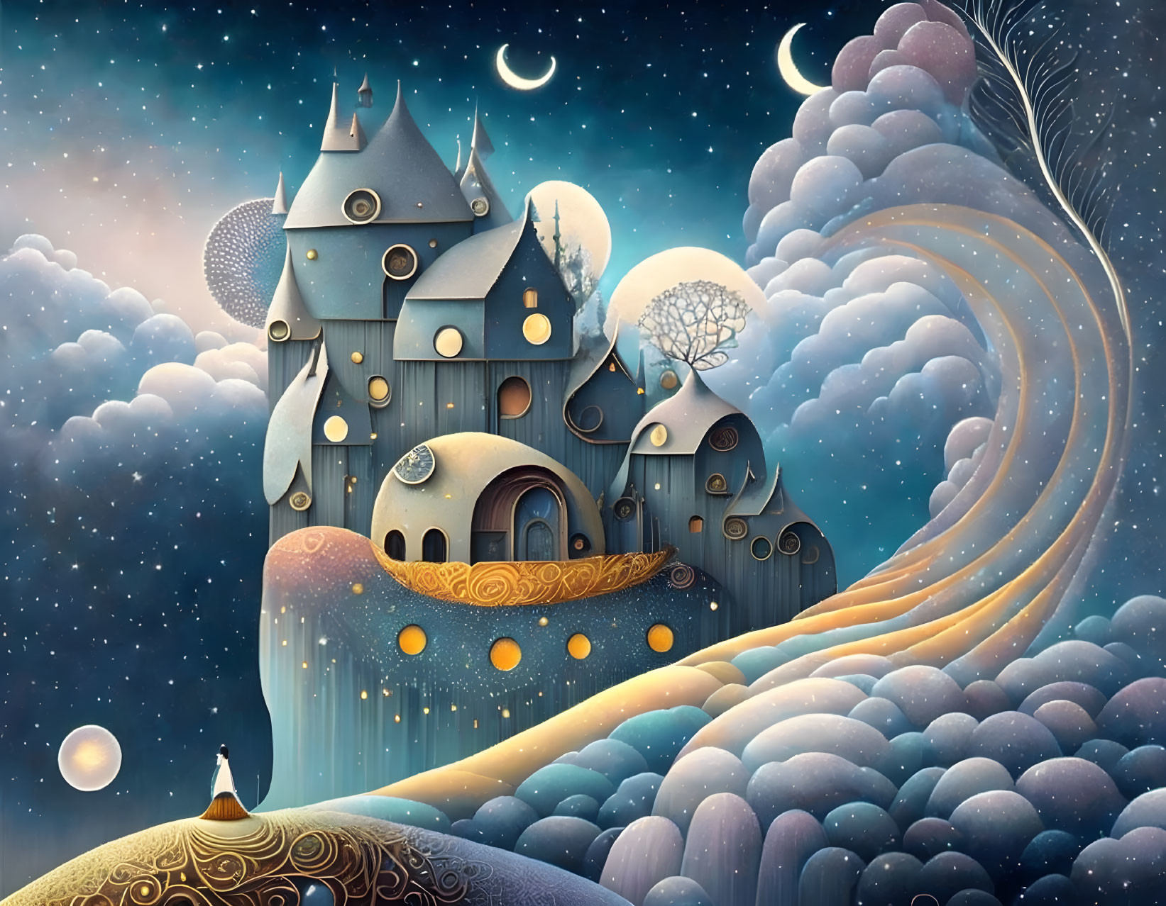 Fantastical castle with multiple moons in starry sky