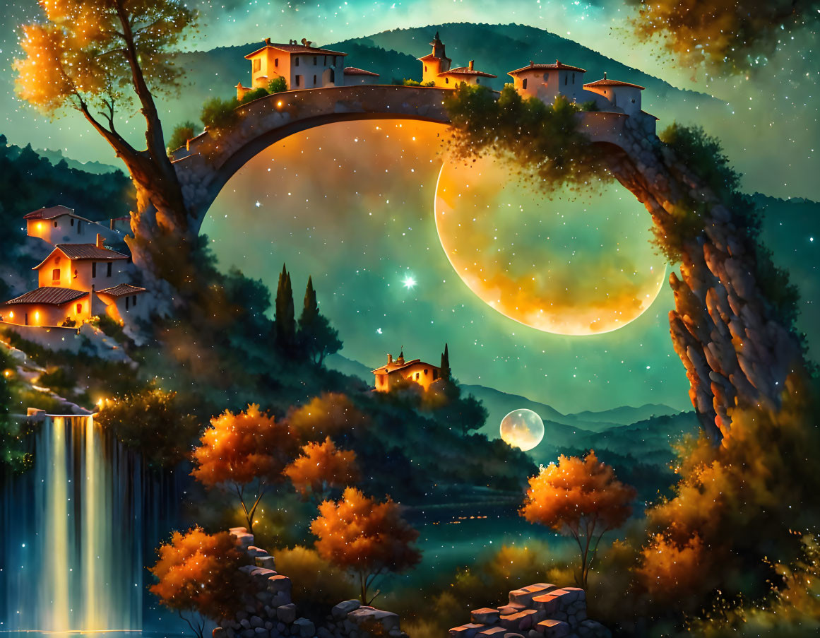 Crescent moon over illuminated stone bridge and cozy houses at night