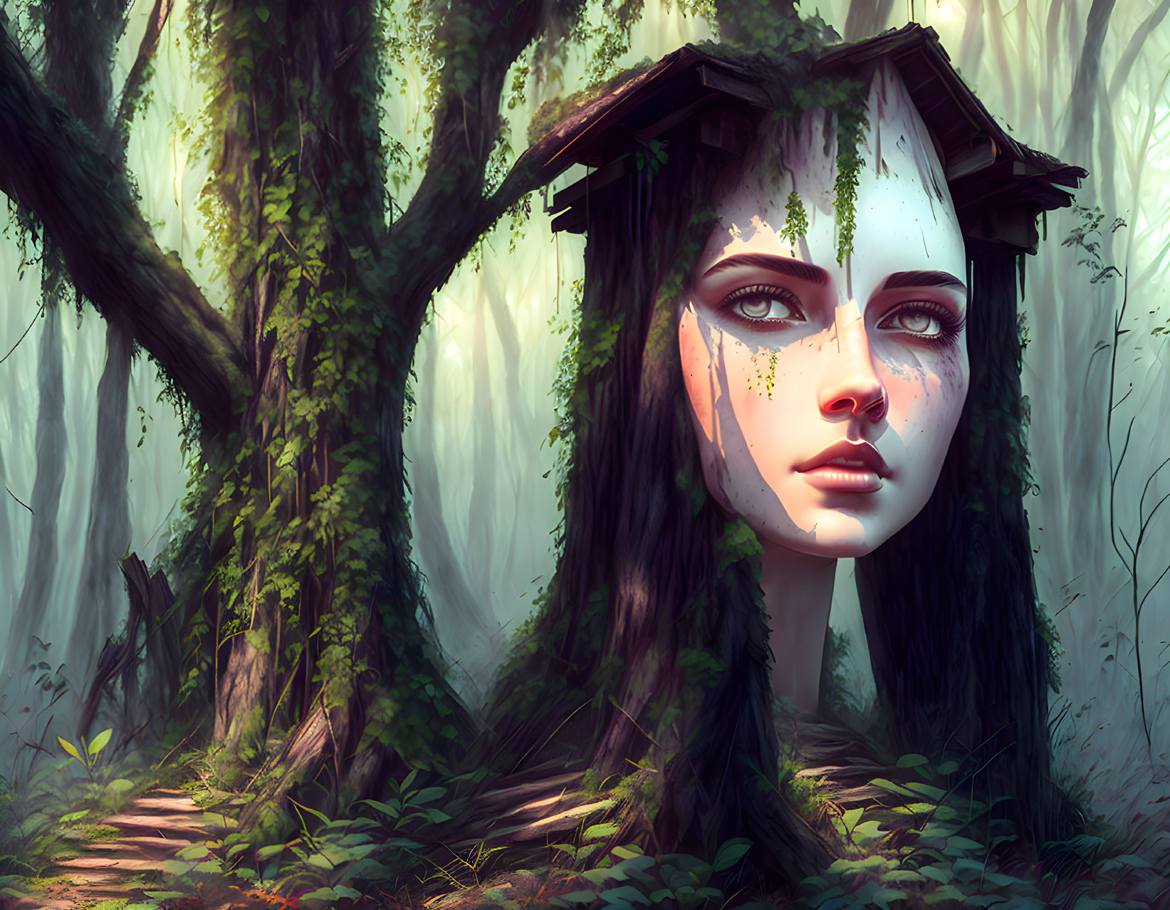 Woman's Face Merging with Mystical Forest: Deep Eyes and Foliage Blend