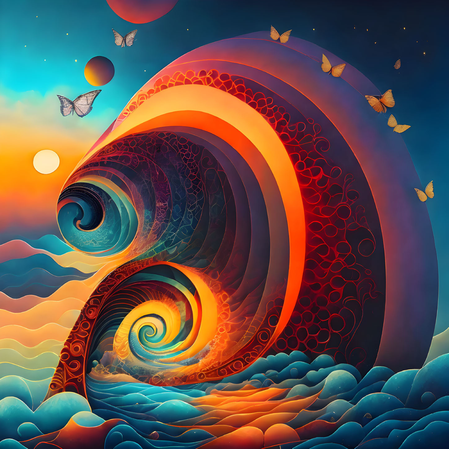 Colorful surreal landscape with swirling patterns, planets, butterflies, and gradient sky