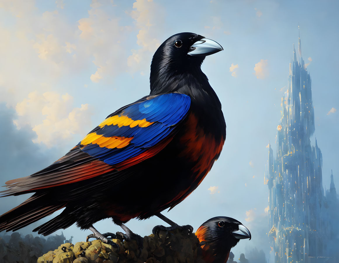 Vibrant orange and blue birds in front of fantastical spire artwork