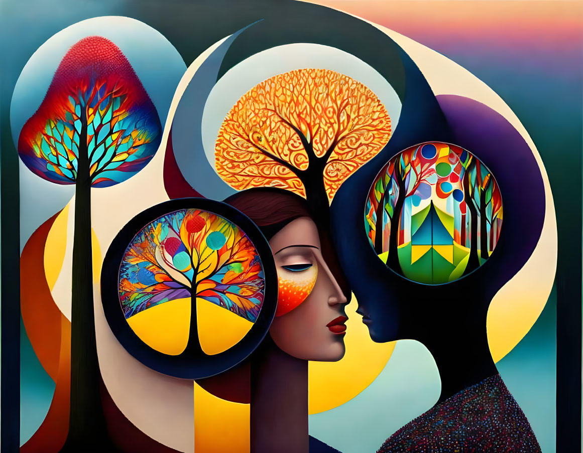 Vibrant surreal art: two faces with tree-like structures and abstract patterns