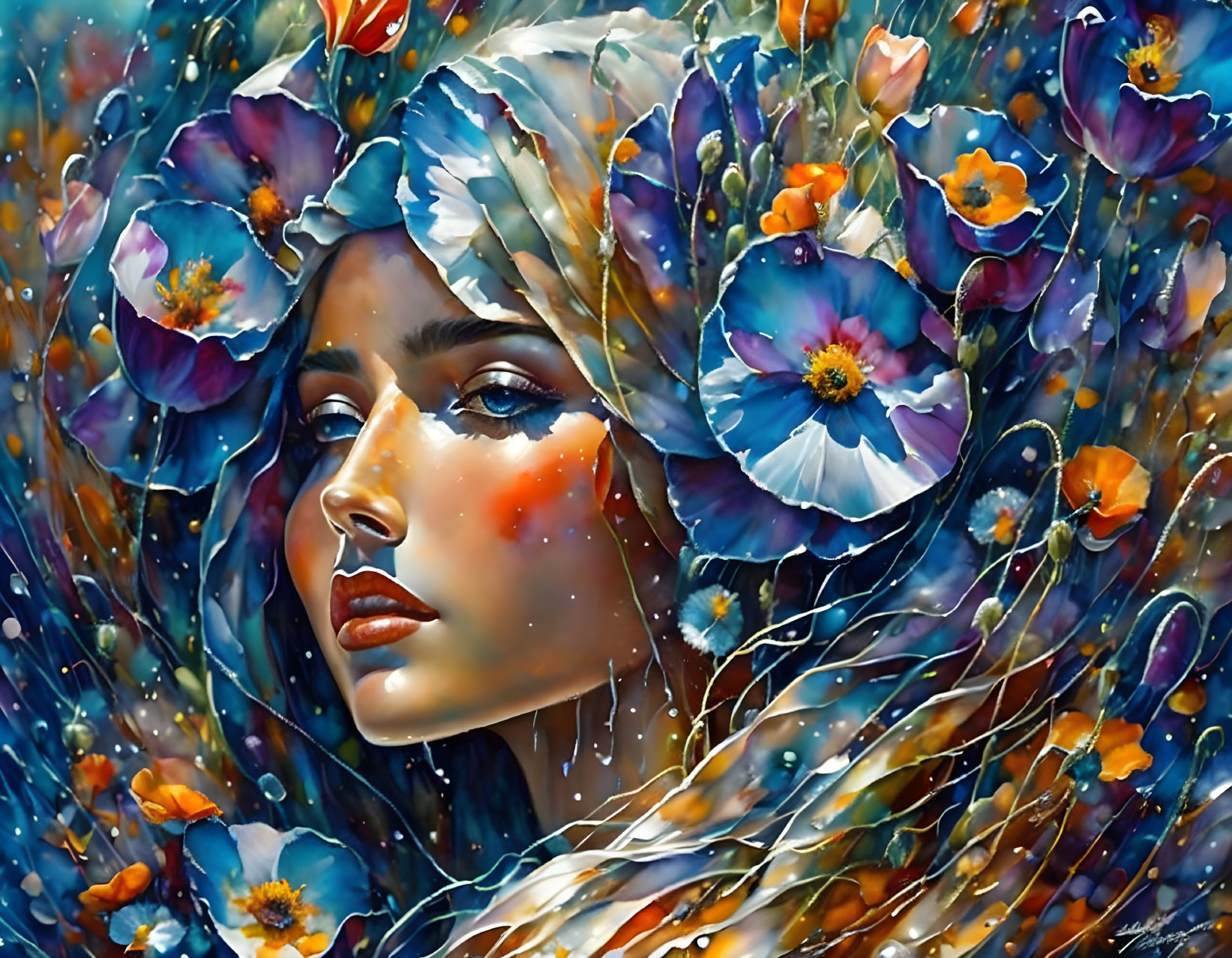 Colorful painting of a serene woman with flowers and water droplets.