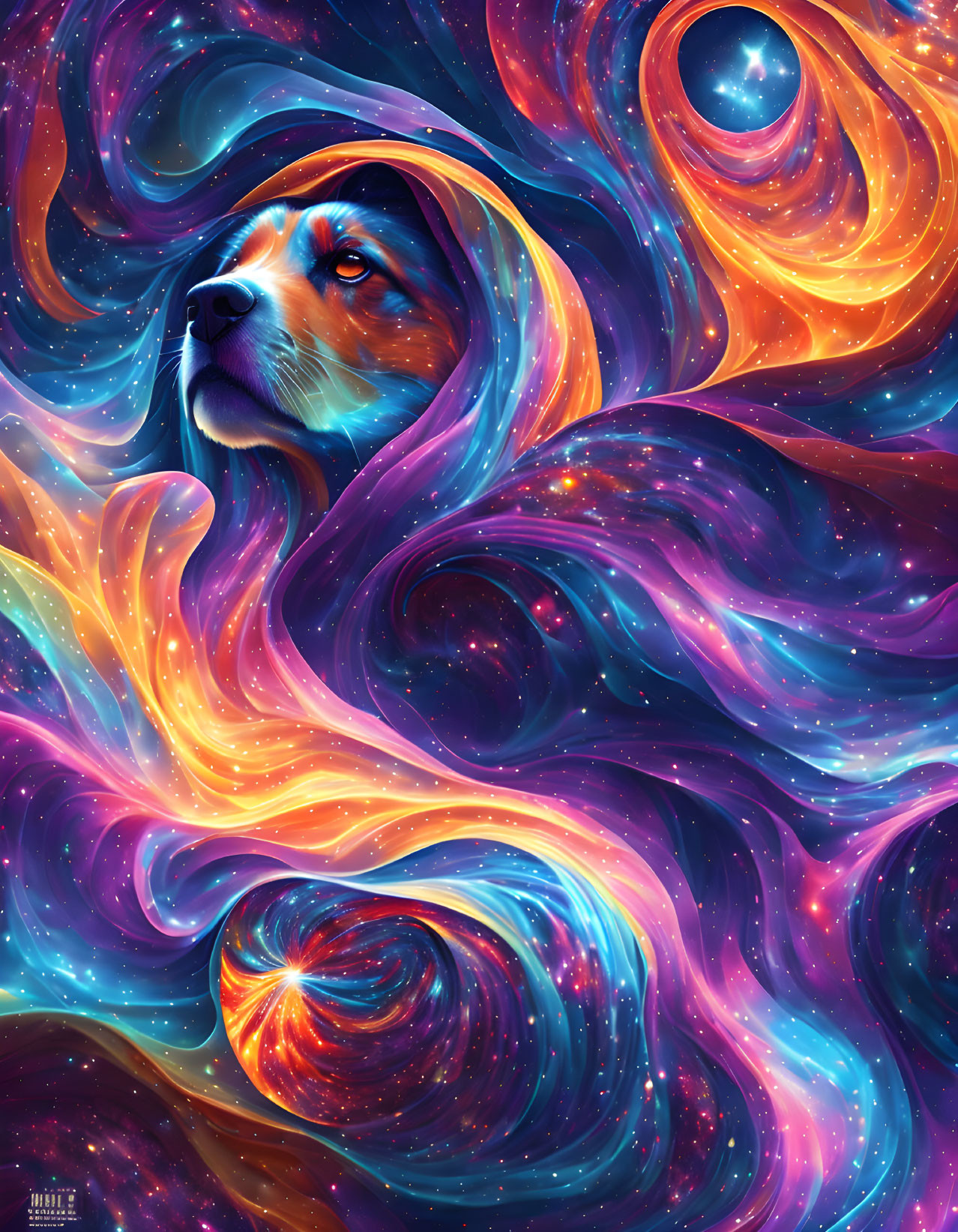 Colorful digital artwork: Dog's face in cosmic nebula swirl