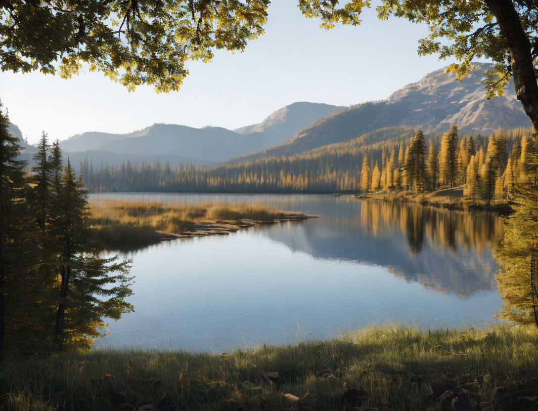 Tranquil lake scene with autumn trees and mountains