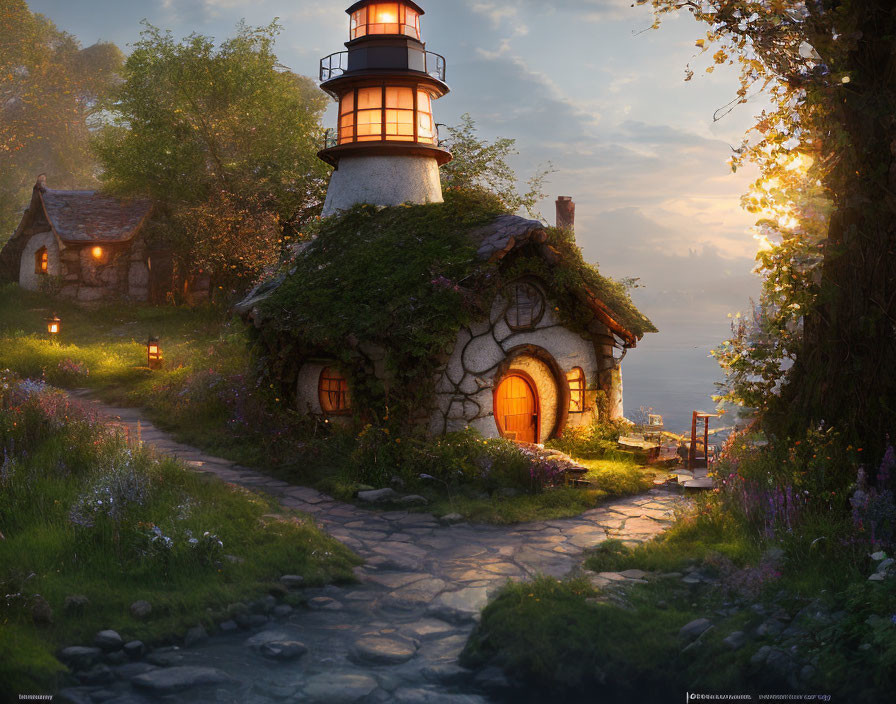 Tranquil dusk scene of quaint lighthouse and cottage in lush landscape