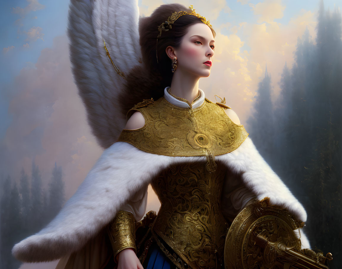 Regal angel in golden armor with white wings in forest scene