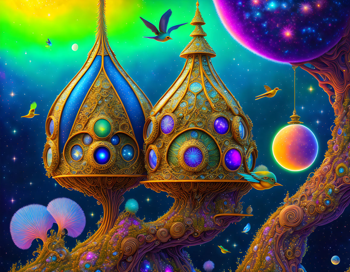 Colorful fantasy landscape with ornate seed pod structures and flying birds.