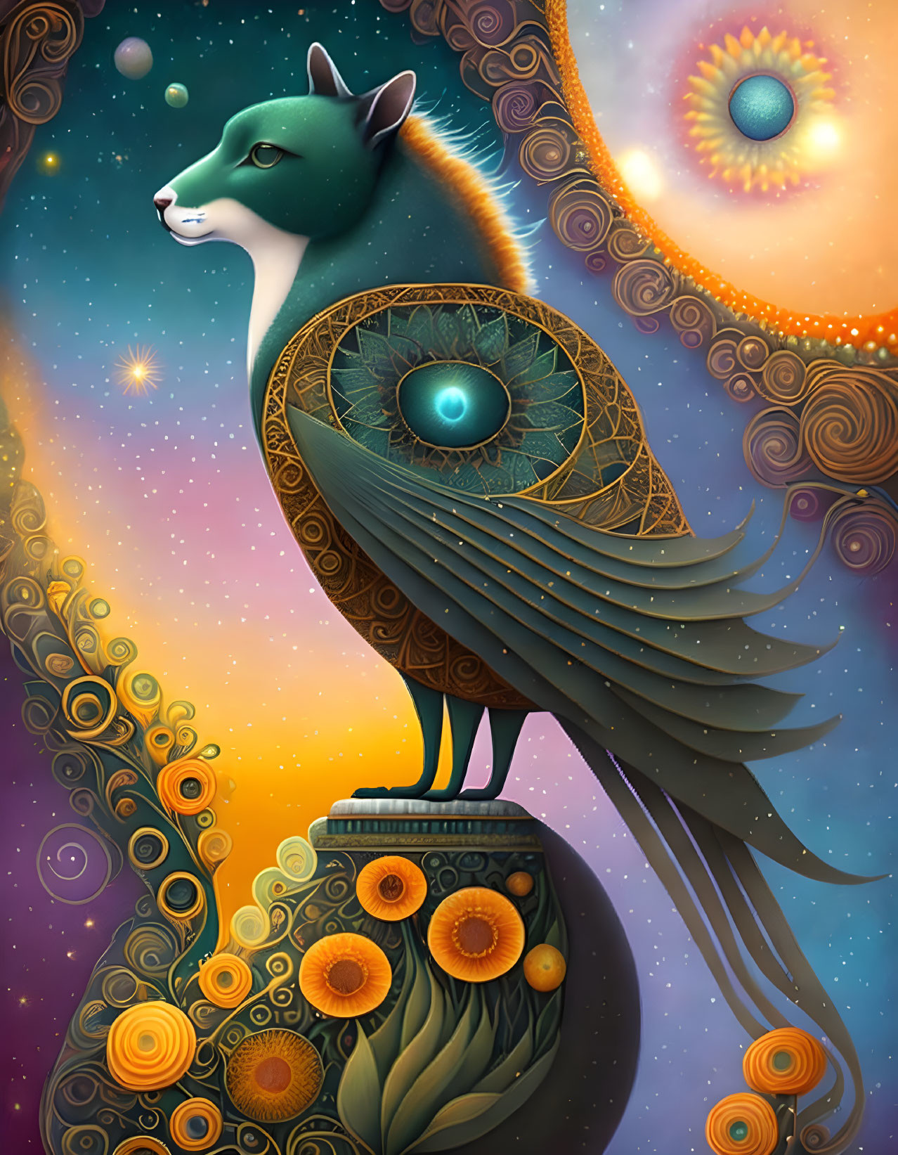 Surreal creature with fox head and peacock body on cosmic pedestal