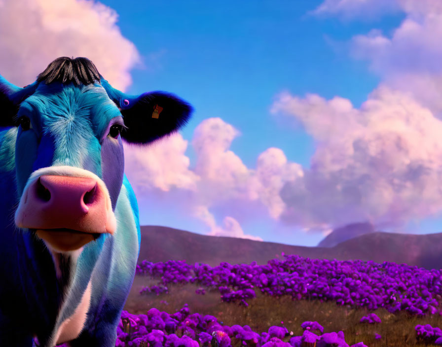 Cartoon cow with blue fur in purple flower field under cloudy sky