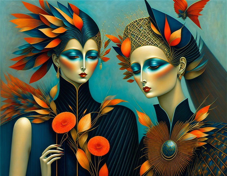 Vibrant surreal portrait of stylized female figures