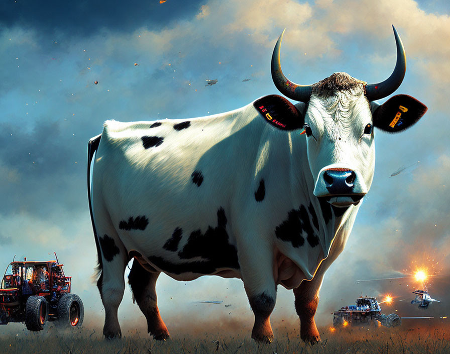 Digital artwork: Black and white bull with fiery orange eyes in dynamic field.