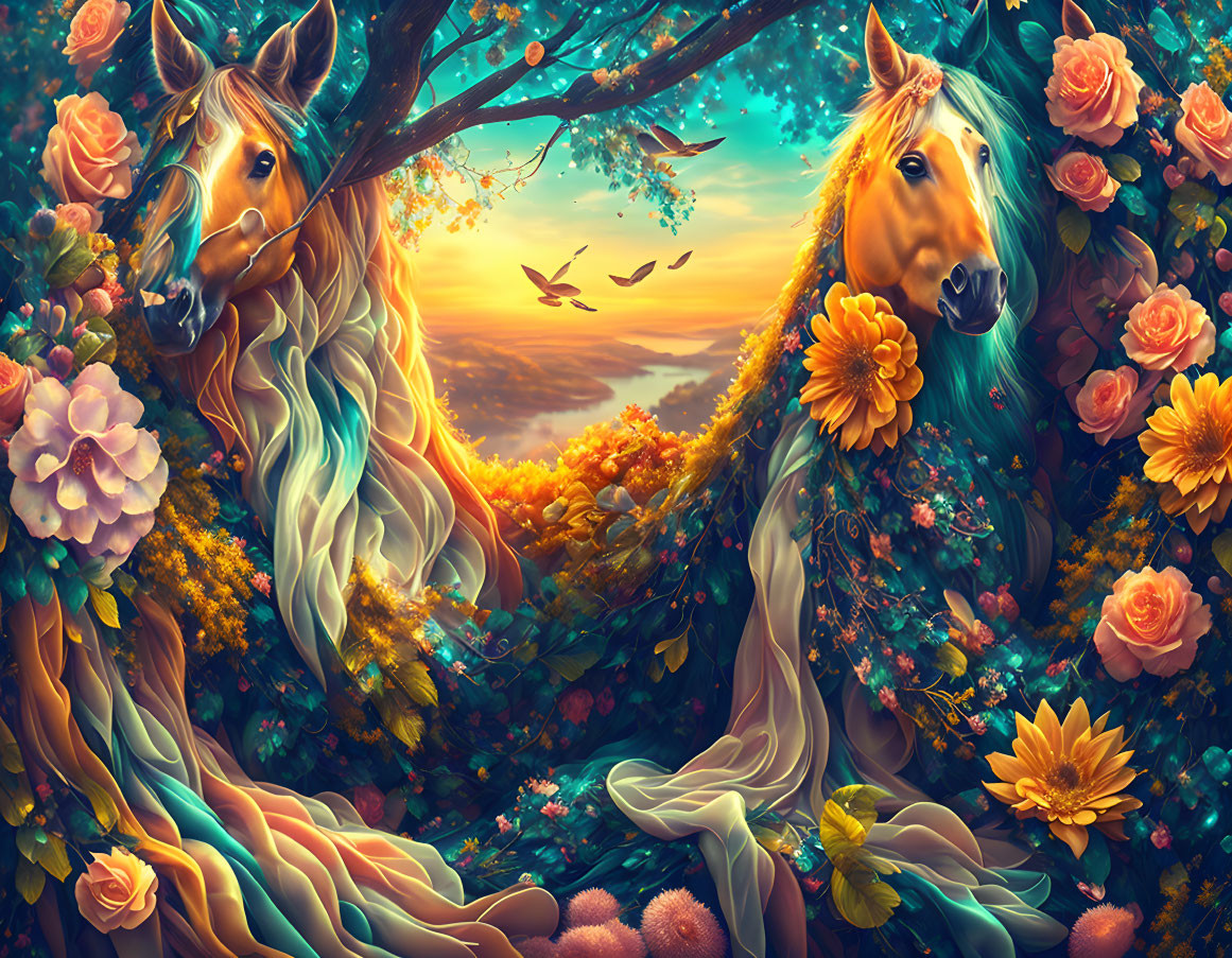 Majestic horses with flowing manes in vibrant floral landscape