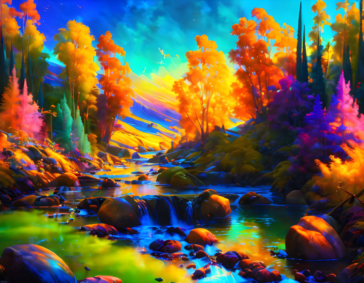 Colorful Landscape: Serene River, Lush Trees, Sunset Sky