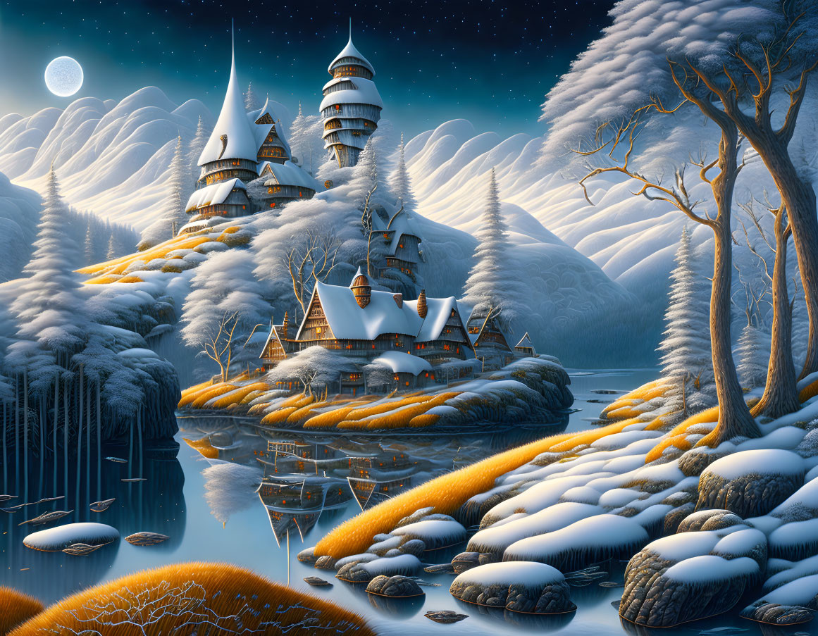 Winter fantasy landscape with illuminated castle, snowy hills, tree, lake, moonlit sky