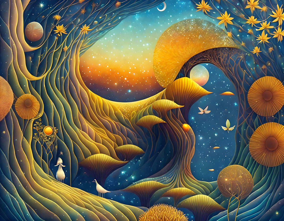 Surreal landscape with tree-like structures and celestial bodies