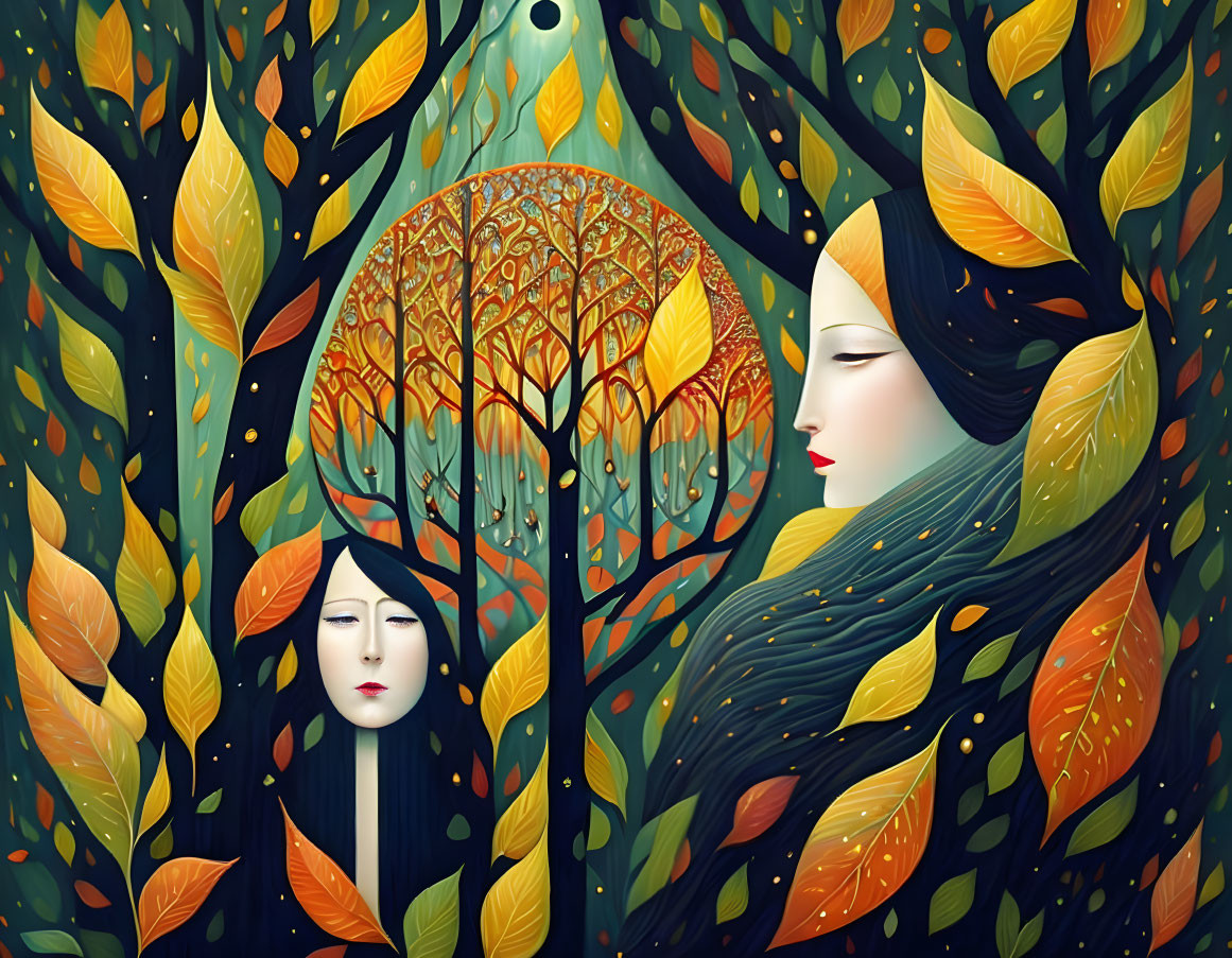 Stylized female faces blend with autumnal forest scene, serene expressions.